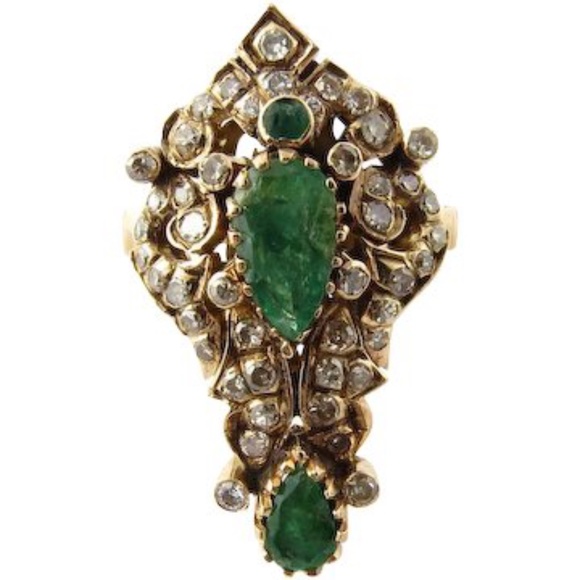 Vintage 14 Karat Yellow Gold Natural Emerald and Diamond Ring Size 7.5 #3827 - Picture 1 of 9
